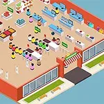 Un supermarket văzut dintr-o perspectivă isometrică, cu clienți colorați, rafturi pline de produse și case de marcat