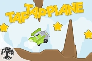 Un avion verde și gri zboară printre steluțe galbene și formațiuni stâncoase sub textul „Tap Tap Plane”