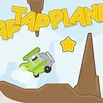 Un avion verde și gri zboară printre steluțe galbene și formațiuni stâncoase sub textul „Tap Tap Plane”