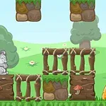 Un iepure stă pe o platformă din lemn într-un peisaj de pădure animată, cu morcovi și ciuperci