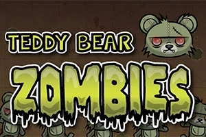 Un ursuleț de pluș zombi cu ochi roșii și cusături pe față, înconjurat de text stilizat „Teddy Bear Zombies” pe un fundal maro
