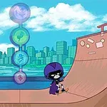 Personaj animat pe skateboard într-un parc skate, cu un oraș și râul pe fundal