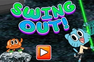 Două personaje animate colorate, unul portocaliu pe o stâncă și altul albastru ținând o frânghie verde, cu textul Swing Out!