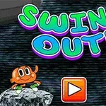 Două personaje animate colorate, unul portocaliu pe o stâncă și altul albastru ținând o frânghie verde, cu textul Swing Out!