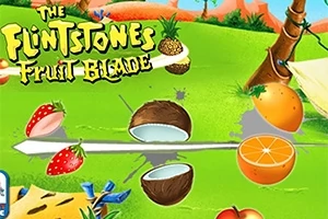 Imaginea prezintă fructe tăiate, inclusiv o nucă de cocos, o portocală și căpșuni, pe un fundal verde cu titlul The Flintstones Fruit Blade în colțul stânga sus
