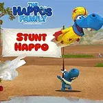 Trei hipopotami animati, unul în aer purtând o cască galbenă și pelerină, altul cu o cămașă de deținut lângă un tun fumegând, și un al treilea ținând o pancartă cu textul STUNT HAPPO pe un fundal exterior