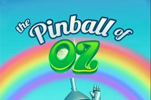 Textul The Pinball of Oz deasupra unui curcubeu și un cap metalic cu degetele ridicate