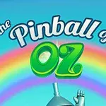 Textul The Pinball of Oz deasupra unui curcubeu și un cap metalic cu degetele ridicate
