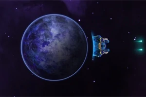 Nava spațială albastră se află lângă o planetă în spatiu cosmic