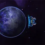 Nava spațială albastră se află lângă o planetă în spatiu cosmic