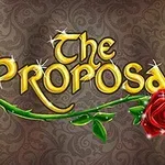 Textul The Proposal scris cu litere aurii strălucitoare, însoțit de o trandafir roșu pe un fundal decorativ