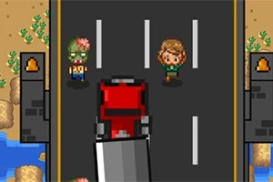 Două personaje pixelate pe un pod, în fața unui camion roșu