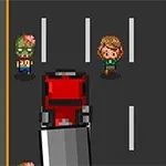 Două personaje pixelate pe un pod, în fața unui camion roșu