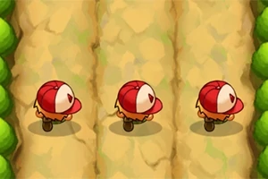 Trei personaje mici cu șepci roșii merg pe un drum de pământ încadrat de vegetație verde