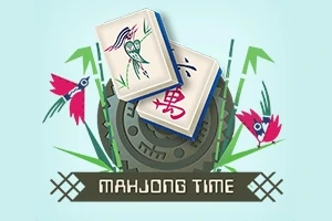 Două piese de mahjong plasate peste un ceas rotund, înconjurate de flori stilizate și textul MAHJONG TIME