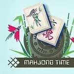 Două piese de mahjong plasate peste un ceas rotund, înconjurate de flori stilizate și textul MAHJONG TIME