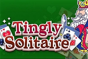 Textul Tingly Solitaire pe un fundal verde, alături de un desen al unui rege și cărți de joc
