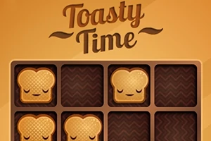 Imagine cu un fundal maroniu, care prezintă felii de pâine prăjită stilizate cu fețe somnoroase, aranjate într-o grilă, sub textul Toasty Time