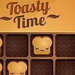 Imagine cu un fundal maroniu, care prezintă felii de pâine prăjită stilizate cu fețe somnoroase, aranjate într-o grilă, sub textul Toasty Time
