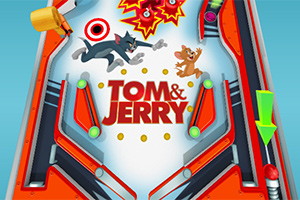 Imaginea prezintă un panou de pinball colorat, cu personaje de desene animate și un design vibrant, având elemente de joc precum săgeți și ținte
