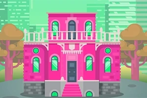 Clădire roz cu arhitectură victoriană și ferestre verzi, amplasată într-un peisaj urban cu copaci