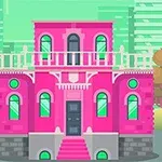 Clădire roz cu arhitectură victoriană și ferestre verzi, amplasată într-un peisaj urban cu copaci