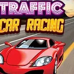 Mașină sport roșie pe șosea la apus, cu textul Traffic Car Racing deasupra