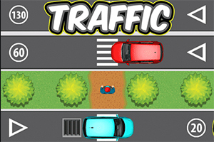 Imaginea prezintă un design de trafic cu mașini roșii și albastre pe drumuri paralele, un spațiu verde cu copaci și un pieton pe o trecere de pietoni