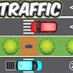Imaginea prezintă un design de trafic cu mașini roșii și albastre pe drumuri paralele, un spațiu verde cu copaci și un pieton pe o trecere de pietoni