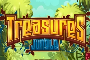 Logo colorat cu textul Treasures Jungle pe fundal de junglă