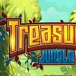 Logo colorat cu textul Treasures Jungle pe fundal de junglă