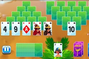 Cărți de joc aranjate pe un fundal cu tematică tropicală, inclusiv un teanc de cărți verzi, cărți cu fețe și un pachet de jokeri