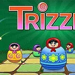 Păpuși Matrioska colorate plasate pe un fundal de joc de societate cu numele „Trizzle” deasupra