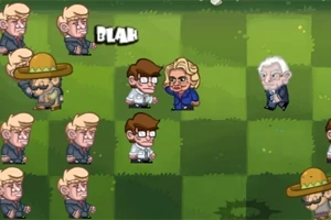 Personaje animate pe un câmp verde, inclusiv indivizi cu pălării și un personaj cu părul alb, însoțiți de o bulă de text BLAH
