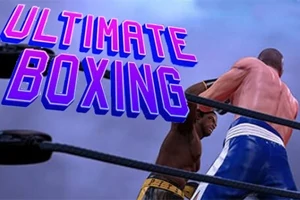 Doi boxeri în ring, unul în șort negru și unul în șort albastru, cu textul Ultimate Boxing în partea de sus
