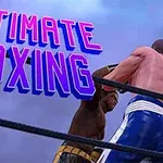 Doi boxeri în ring, unul în șort negru și unul în șort albastru, cu textul Ultimate Boxing în partea de sus