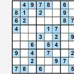 Imagine cu un tabel de 9x9 împărțit în pătrate mai mici, având unele dintre ele colorate în albastru și completate cu cifre