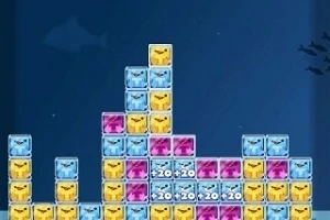 Blocuri colorate în albastru, galben și roz așezate într-un model de tip puzzle pe un fundal albastru