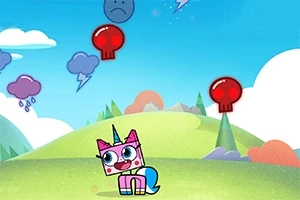 Personaj colorat în formă de pisicuță unicorn pe un fundal de peisaj verde și cer albastru, cu nori și simboluri de pericol în aer
