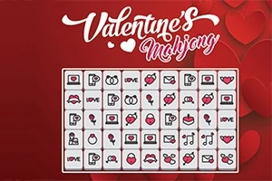 Fundal roșu cu inimi și un aranjament de piese de Mahjong cu simboluri de Valentines Day, cum ar fi inimi și cuvântul LOVE