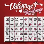 Fundal roșu cu inimi și un aranjament de piese de Mahjong cu simboluri de Valentines Day, cum ar fi inimi și cuvântul LOVE