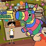 Trei personaje animate într-o cameră decorată cu baloane și o piñata colorată suspendată