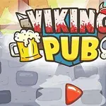 Textul Viking Pub în stil viking, cu un fundal de pub medieval și elemente grafice de halbă de bere și craniu