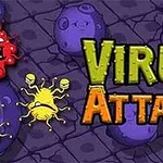 Text colorat cu litere mari Virus Attack și viruși animați multicolori cu expresii faciale pe fundal mov