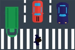 Imaginea prezintă un personaj de desene animate traversând o trecere de pietoni, în fața a trei vehicule colorate pe șosea