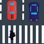 Imaginea prezintă un personaj de desene animate traversând o trecere de pietoni, în fața a trei vehicule colorate pe șosea