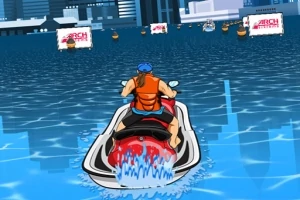 Persoană conducând un jet ski pe apă într-un peisaj urban cu clădiri moderne în fundal
