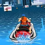 Persoană conducând un jet ski pe apă într-un peisaj urban cu clădiri moderne în fundal