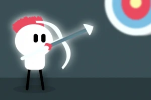 Personaj stilizat cu păr roz și contur luminos trage cu un arc spre o țintă colorată