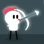 Personaj stilizat cu păr roz și contur luminos trage cu un arc spre o țintă colorată